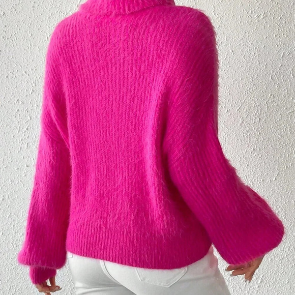 Hot Pink Casual Women's Turtleneck Drop Shoulder Fuzzy Sweater - Picture 3 of 6